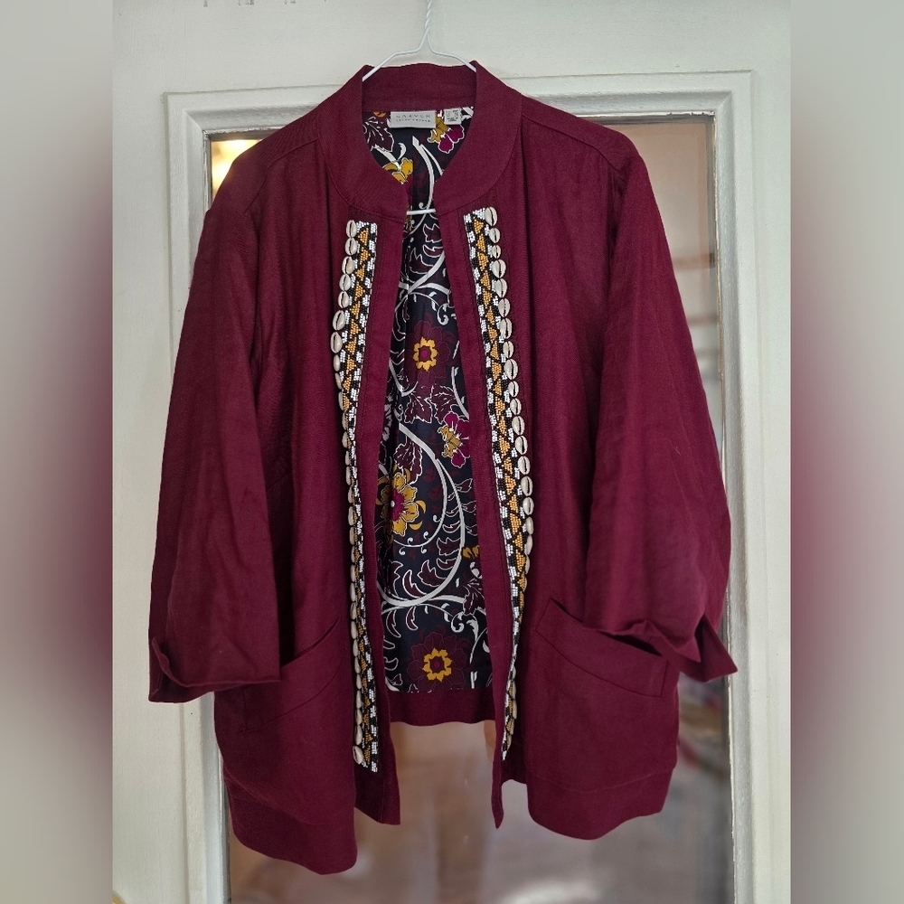 Susan Graver Burgundy Floral Jacket Shells 18w Cardigan Plus Size
